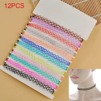 12pcs/lot Vintage Hippy Stretch Tattoo Choker Necklace Elastic Chocker Necklace Fishing Line Tattoo Colorful Necklace - Style