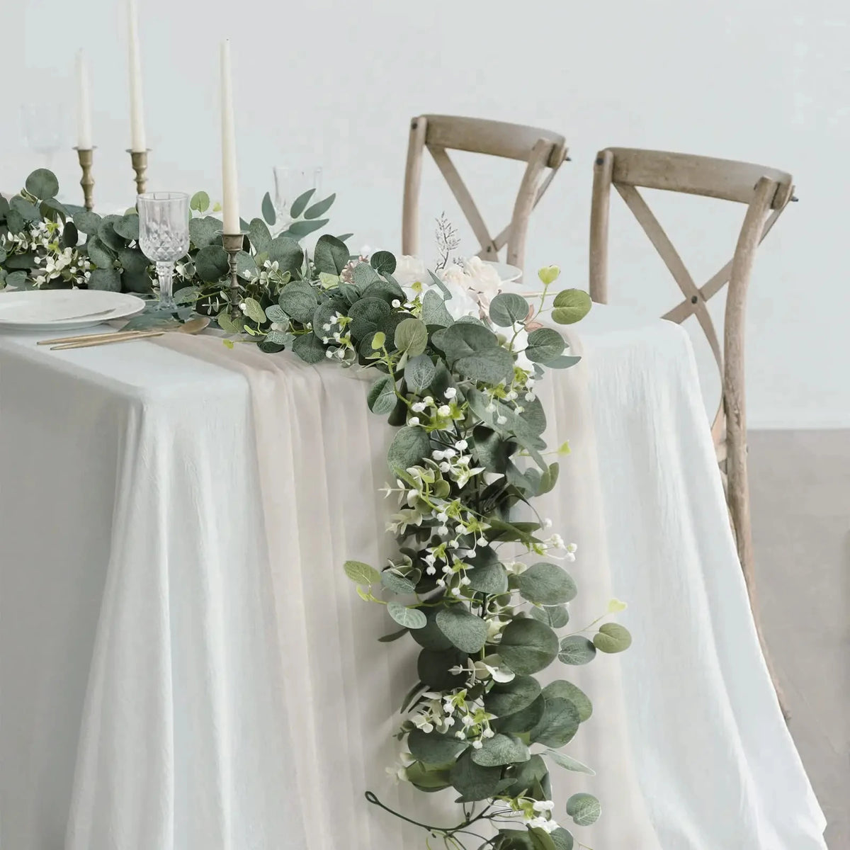 1pc Artificial Eucalyptus Leaves Greenery Garland Faux Plant Spring Vines with White Flowers Berries for Wedding Home Party D