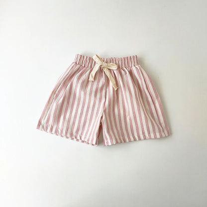 Children's Clothing Vintage Linen Cotton Stripe Pants Baby Boy Girl Casual Shorts Spring Summer Girls Loose Trousers and Shor