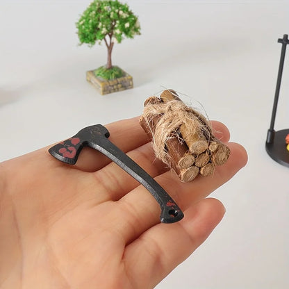 Mini Campfire Hanging Stove Pot Dollhouse Camping Picnic Firewood Pile Sand Table Micro Landscape Scene Decoration Ornament T