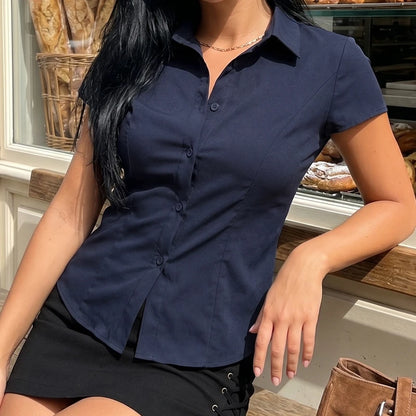 Women Short Sleeve Button Down Shirts Vintage Stripe Print Slim Fitted Cropped Collared Blouse Elegant Lady Business Shirts -