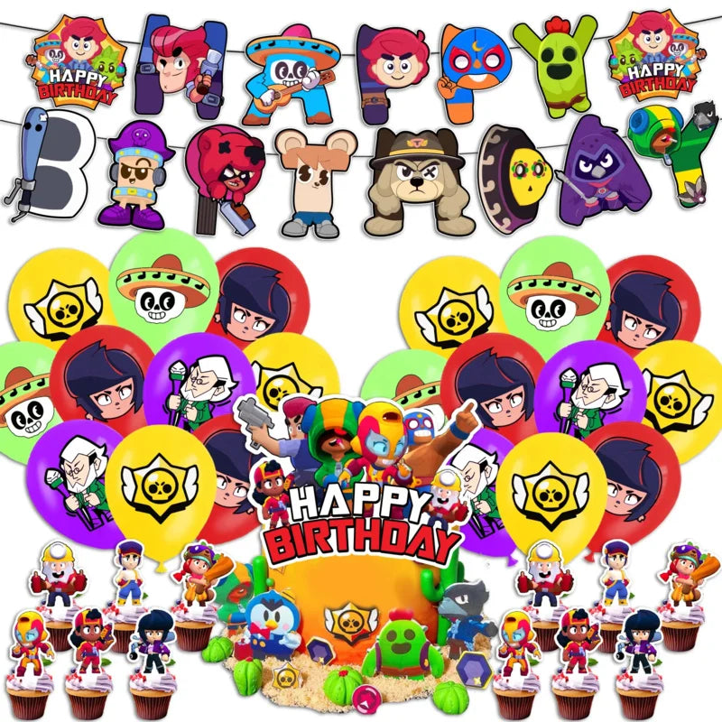 Battle Balloons Happy Birthday Banner Fight Game Party Decoration Brawled Background Cake Topper Disposable Tableware Keychai