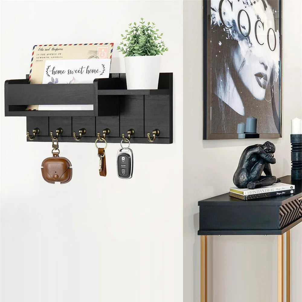 Decorative Key Rack and Mail Organizer with 6 Key Hooks Rustic Wood Key Holder Wall Mounted with Shelf for Living Room Enterw