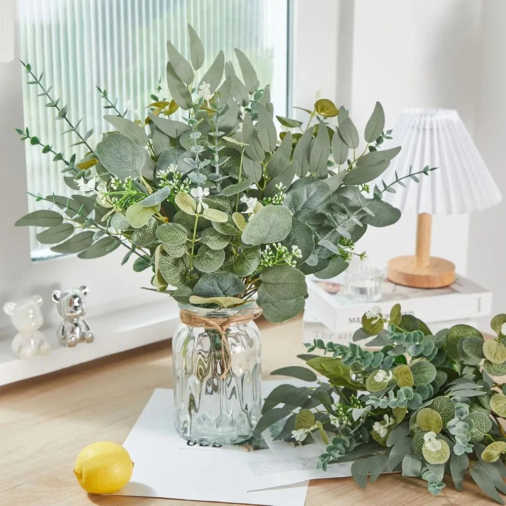 20pcs Eucalyptus Leaves Stems Artificial Plant Bouquet Fake Flowers for Home Decor DIY Floral Arrangement Wedding Decoration