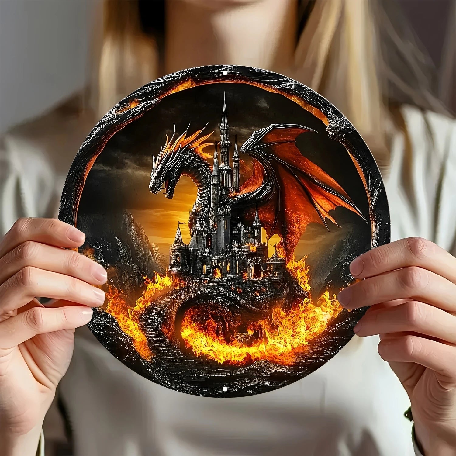 2D Round Wooden Plane Sign Art Dark Dragon Decorative Plates Entrance Gift Drangon Theme for Bar Club Home Room Wall Decor