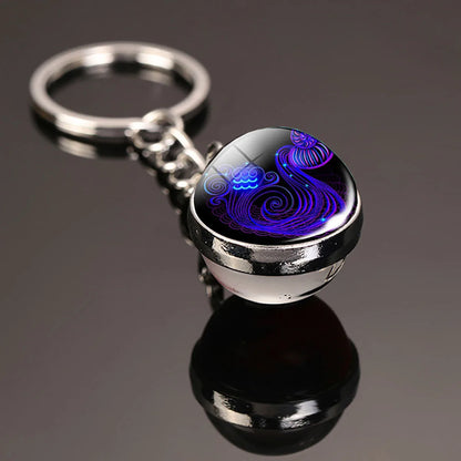 12 Constellation Key Chain Luminous Double Sided Glass Ball Pendant 12 Zodiac Key Chain Fashion Birthday Gift for Men and Wom