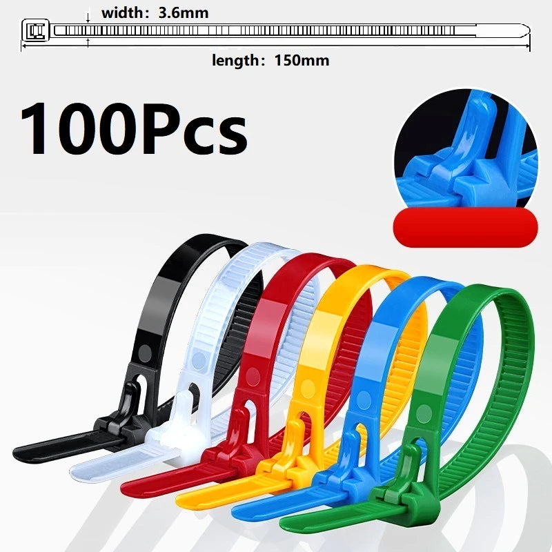 100 Reusable Cable Ties, Cable Lock Loop Nylon Ties Removable, Recyclable, Mixed Colours, Black, White - 100pcs colour mixing