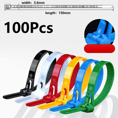 100 Reusable Cable Ties, Cable Lock Loop Nylon Ties Removable, Recyclable, Mixed Colours, Black, White - 100pcs colour mixing