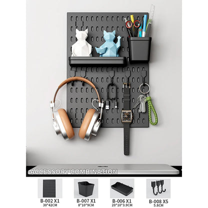 Home Office Pegboard Wall Storage Panel, PP Plastic Hole Board with Multi Hooks Shelf for Study Desk Stationery, Black White 
