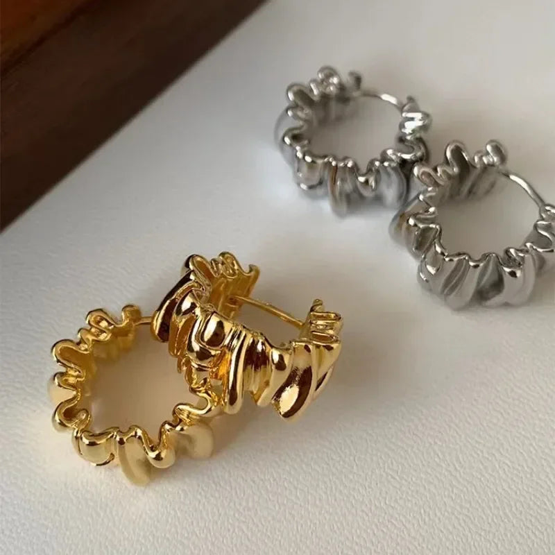 Personality Irregular Wavy Pleated Hoop Earrings for Women New Charm Gold Color Stainless Steel Dangle Jewelry Accessories Gi