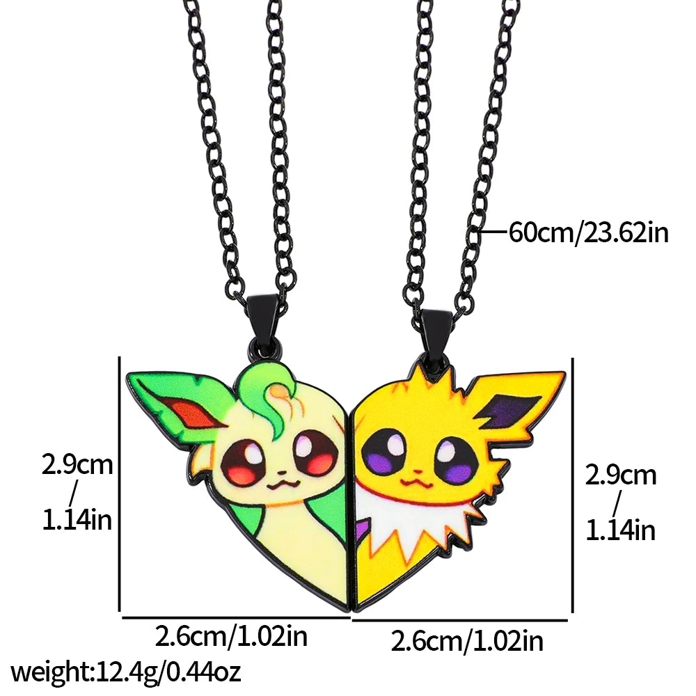 2-piece cute Eevee cartoon pendant necklace with heart patchwork, anime-style metal necklace