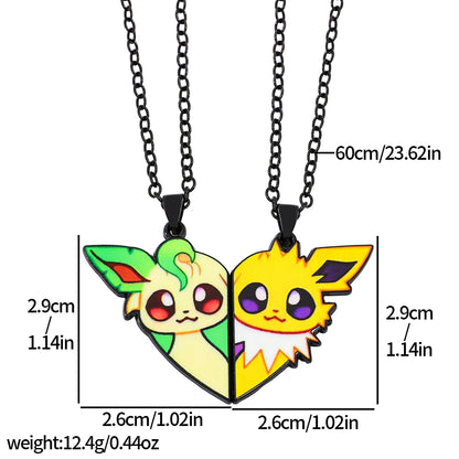 2-piece cute Eevee cartoon pendant necklace with heart patchwork, anime-style metal necklace