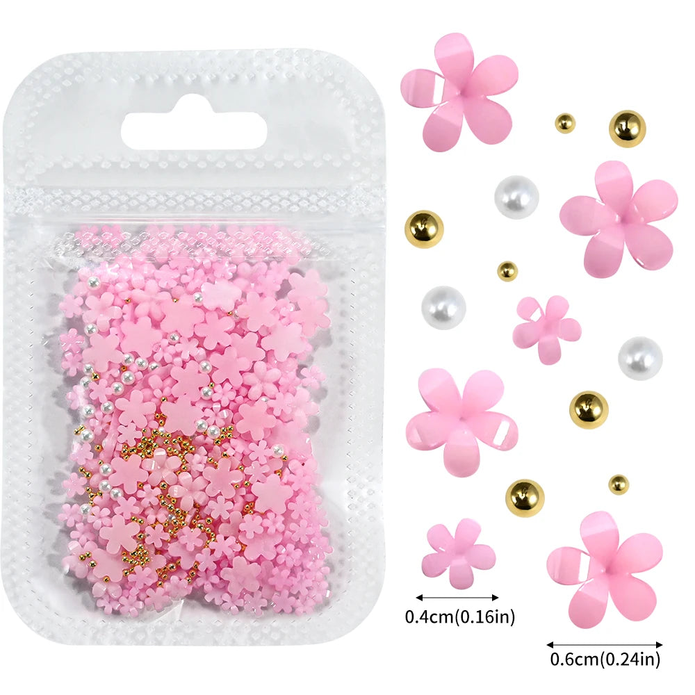 1box 3D Flower Bow Nail Art Decorations Kit Pink/White Acrylic Floral/Peal Beads Nail Charm with Wax Pen/Tweezer 4/6mm Nail P