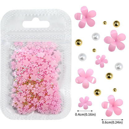 1box 3D Flower Bow Nail Art Decorations Kit Pink/White Acrylic Floral/Peal Beads Nail Charm with Wax Pen/Tweezer 4/6mm Nail P