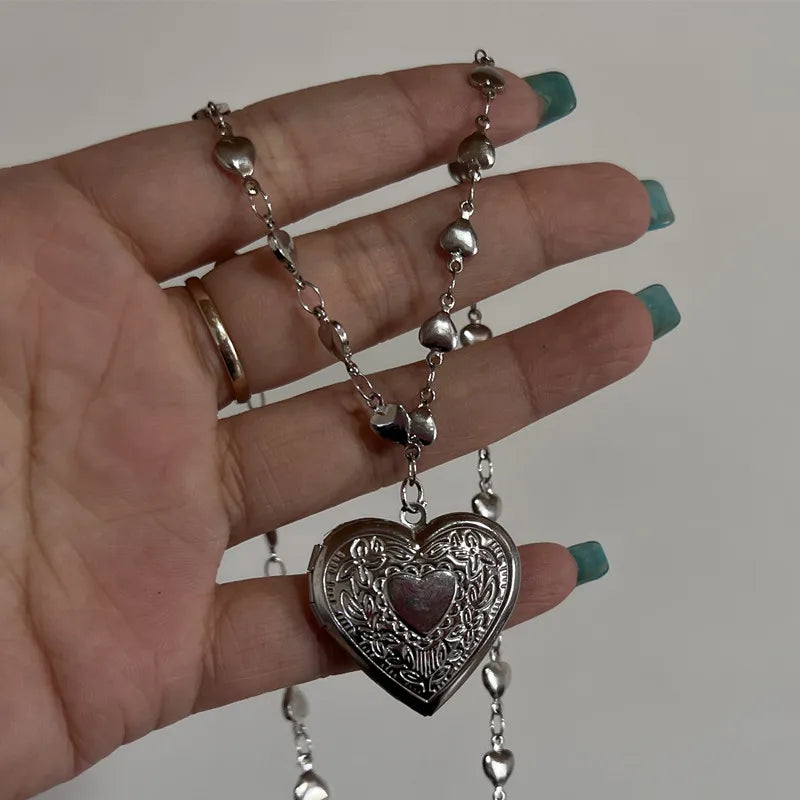 Romantic Heart Locket Pendant Openable Female Silver Color Stainless Steel Photo Frame Charm Necklace for Women Men Jewelry G