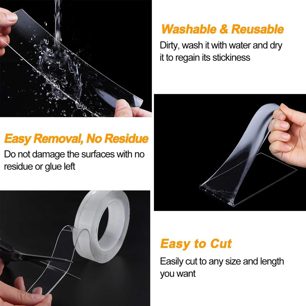 1-10M Nano Double Sided Tape Heavy Duty Transparent Adhesive Strips Strong Sticky Multipurpose Reusable Waterproof Mounting T