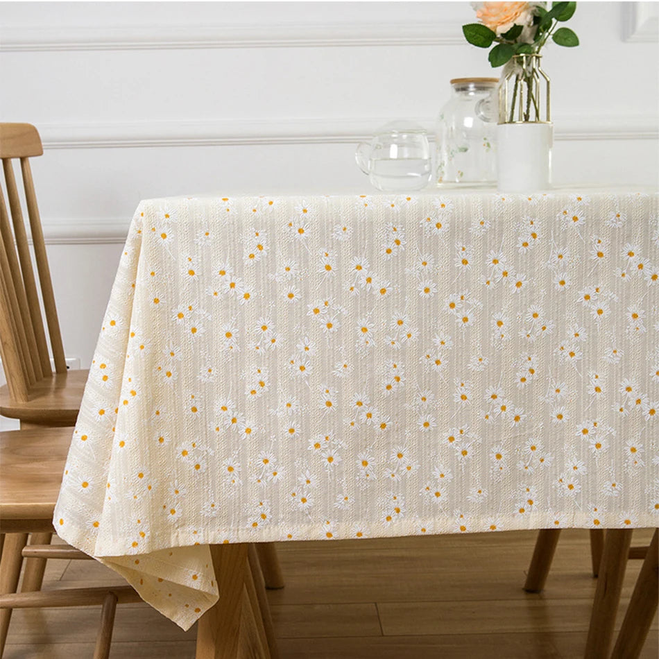 Korean Style Small Daisy Cotton Floral Tablecloth For Kitchen, Wedding, Dining Room - Golden Daisy / 90x140cm