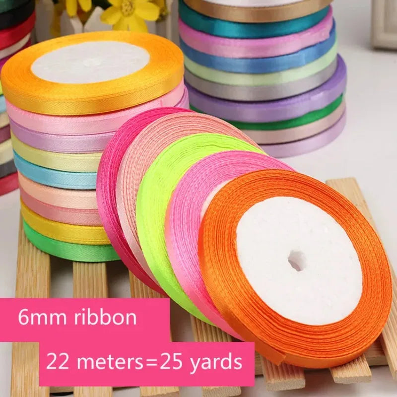 New (25 Yards/lot) 1/4''6mm Single Face Silk Satin Ribbon Wedding Decorative Ribbons Christmas Gift Wrap DIY Handmade Materia