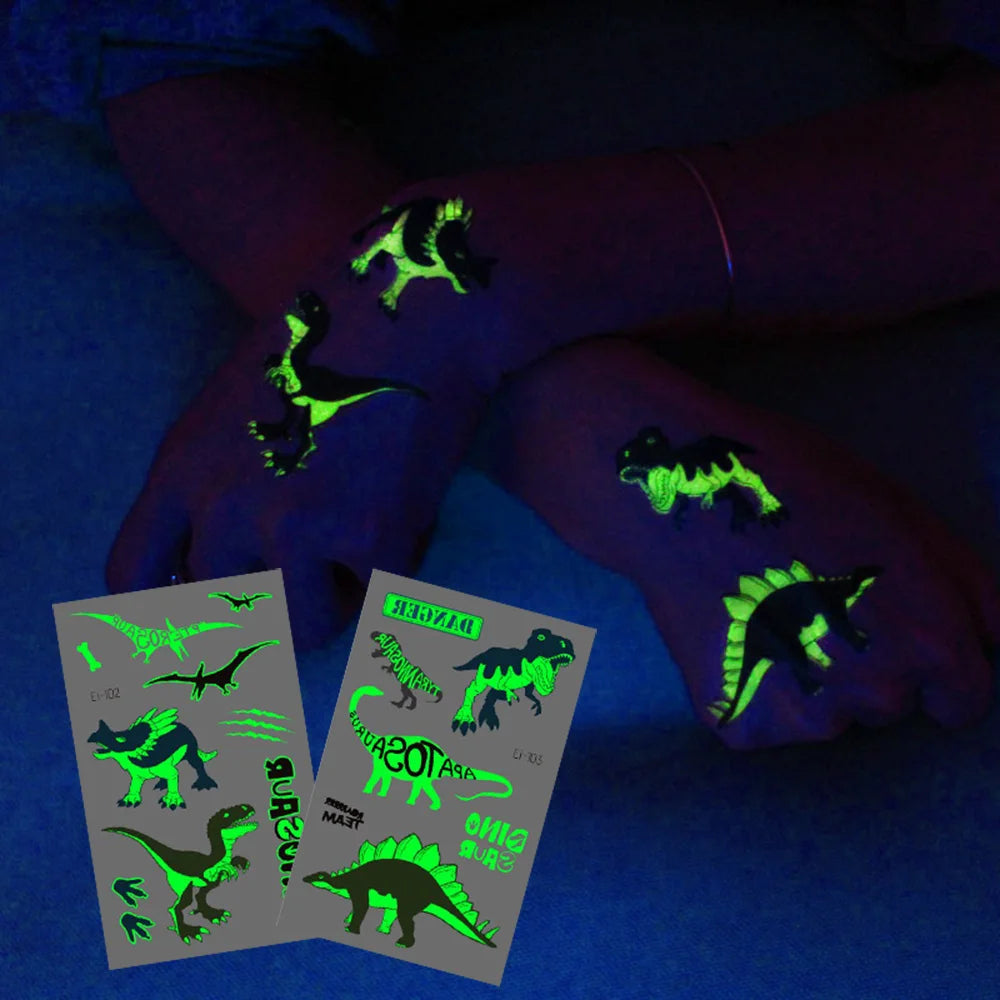 10 Sheets Luminous Dinosaur Temporary Tattoos, Waterproof Glow In The Dark T-Rex Pterosaur Velociraptor Triceratops Stegosaur