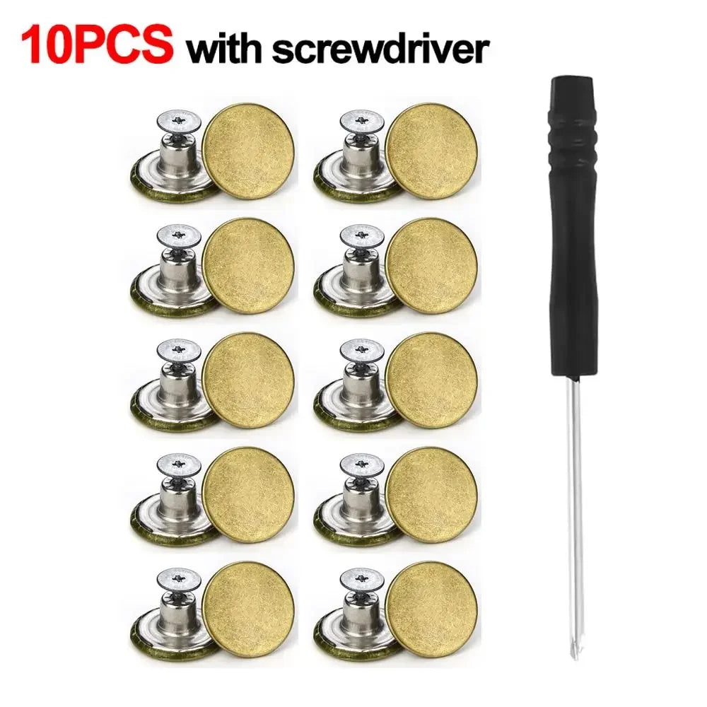 10Pcs Metal Jeans Buttons 17mm Replacement No-Sewing Screw Button Repair Kit Nailless Removable Jean Buckles Clothing Pants P