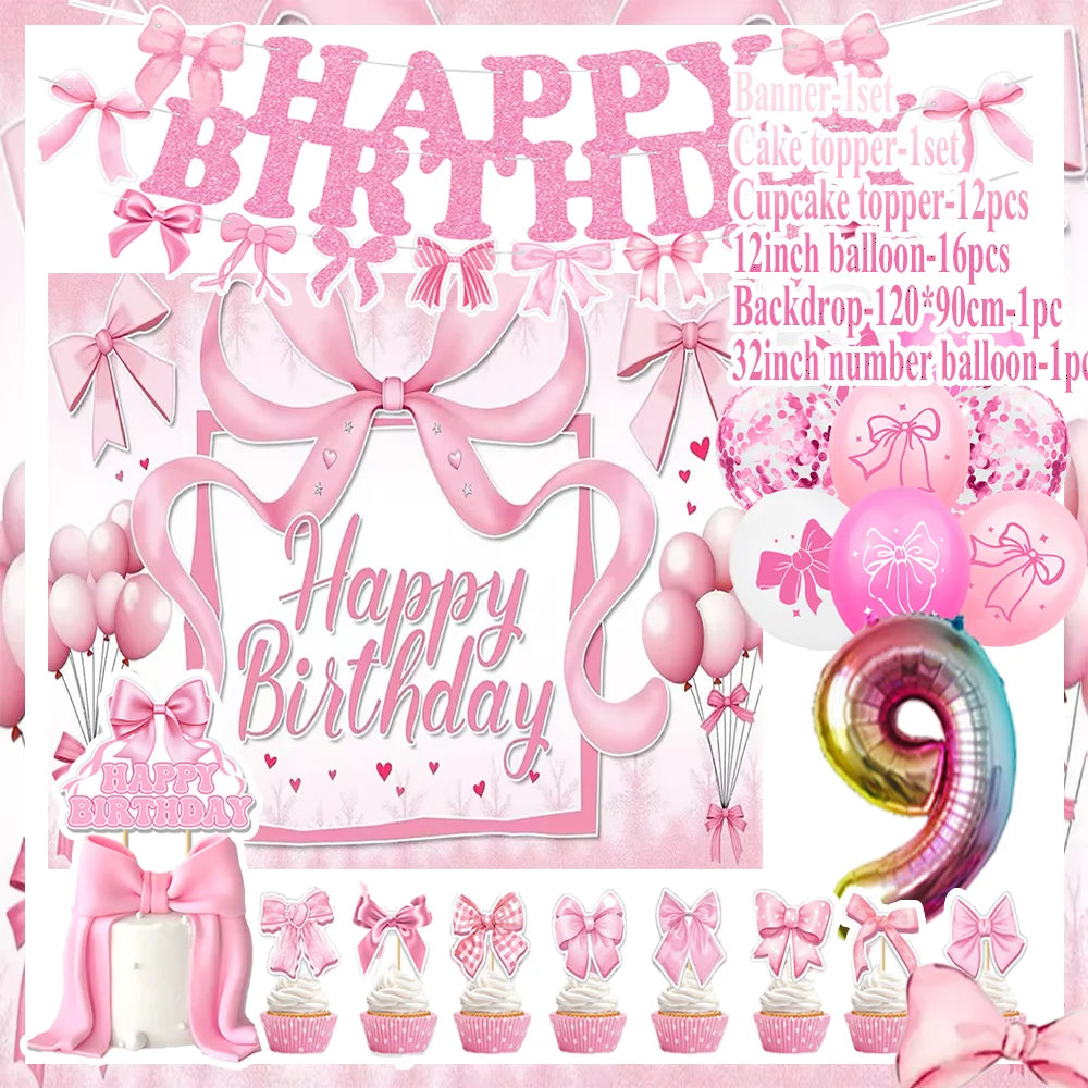 birthday party supplies, Pink Bow Birthday Party Set, personalized birthday decorations, custom birthday banner, party favors