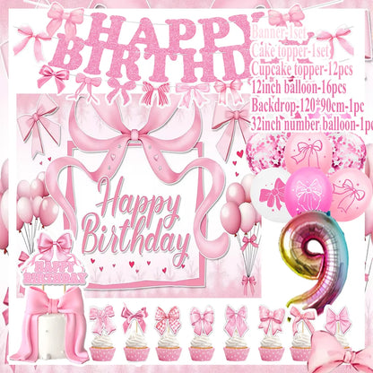 birthday party supplies, Pink Bow Birthday Party Set, personalized birthday decorations, custom birthday banner, party favors