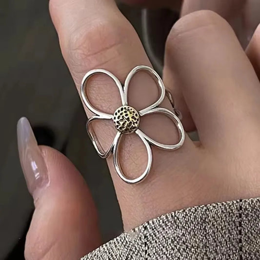 VENTFILLE 925 Sterling Silve Flower Ring for Women Gift Hollow Out Design Retro Hip Hop Versatile Jewelry Party Gift