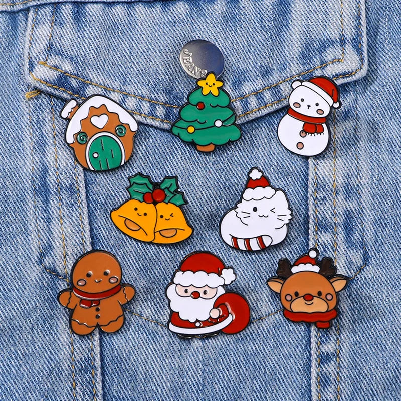8pcs Cute Cartoon Christmas Day Enamel Brooch Creative Santa Claus Snowman Tree Lapel Pin Badge Backpack Clothing Accessories