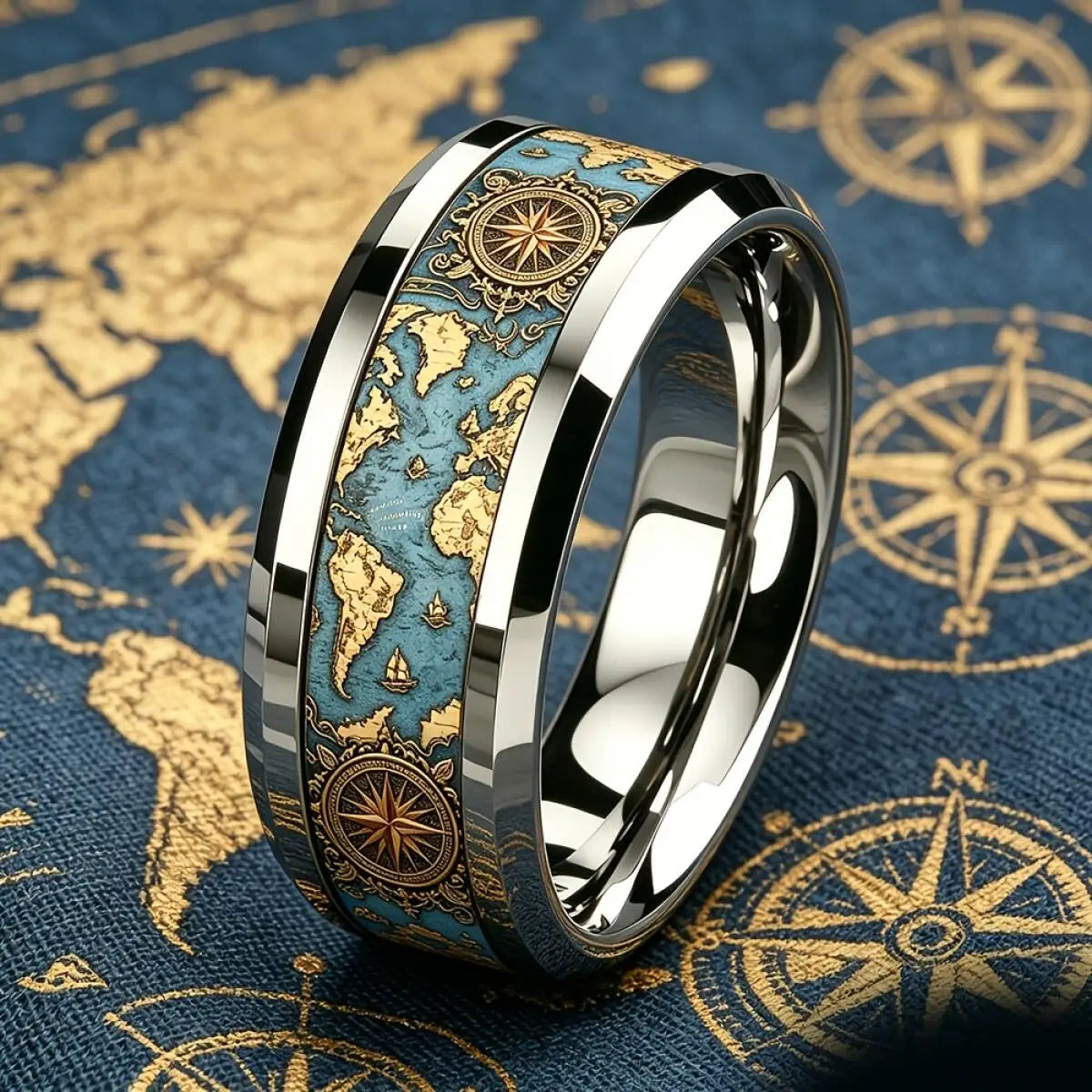 Vintage World Map Compass Ring Retro Ocean Theme Men Stainless Steel Ring High Polished Nautical Traveler Jewelry Gift for Hi