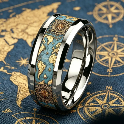 Vintage World Map Compass Ring Retro Ocean Theme Men Stainless Steel Ring High Polished Nautical Traveler Jewelry Gift for Hi