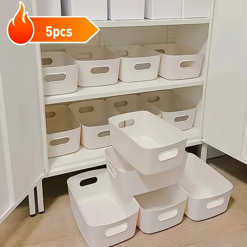 5pcs Stackable Storage Box Set,Rectangular Plastic Organizer Containers,Durable, Reusable,for Kitchen,Bathroom,Dorm Essential