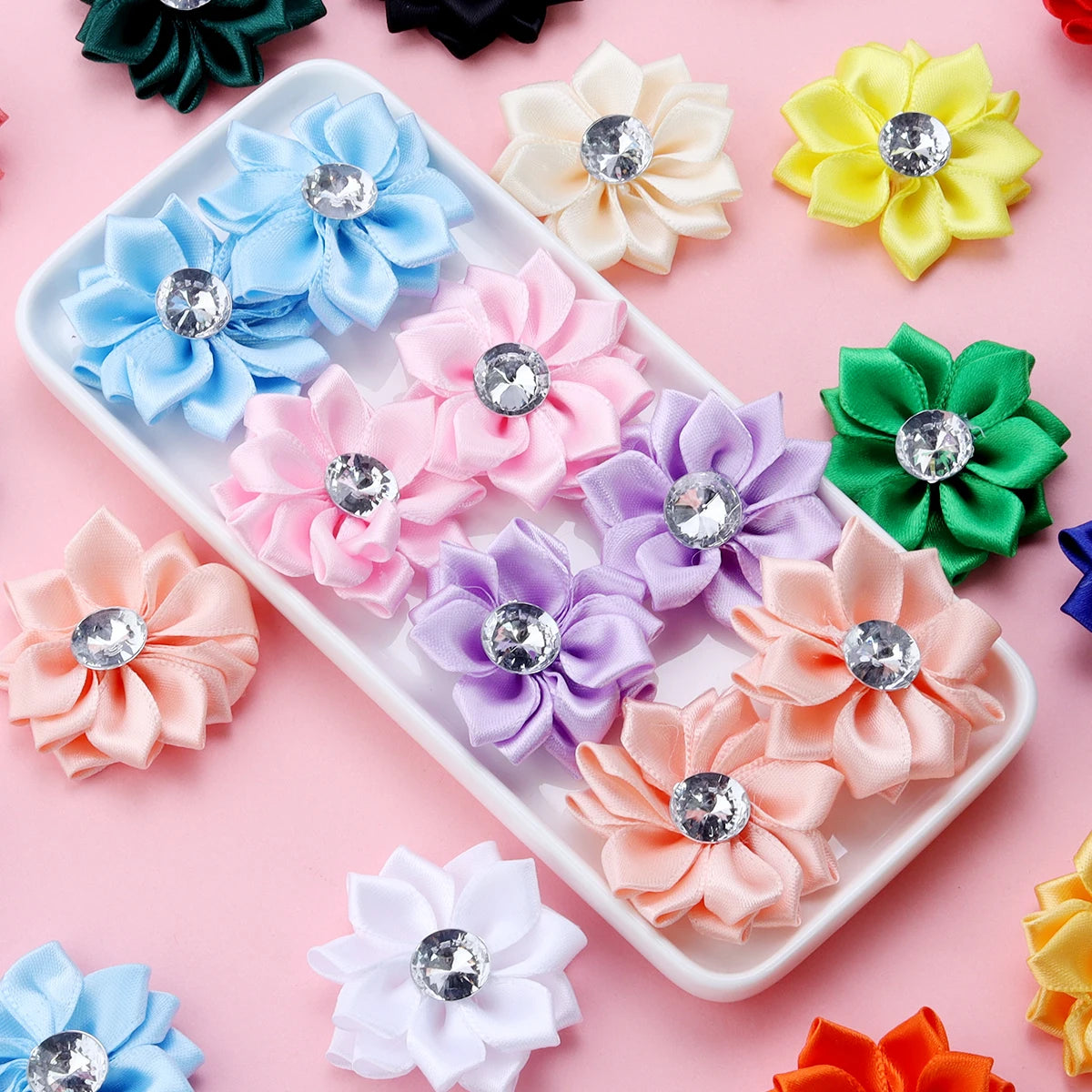 20pcs/lot 40mm Mini Inlaid Rhinestones Small Handmade DIY Satin Ribbon Flowers Head Decorate Clothing Supplies Accessories