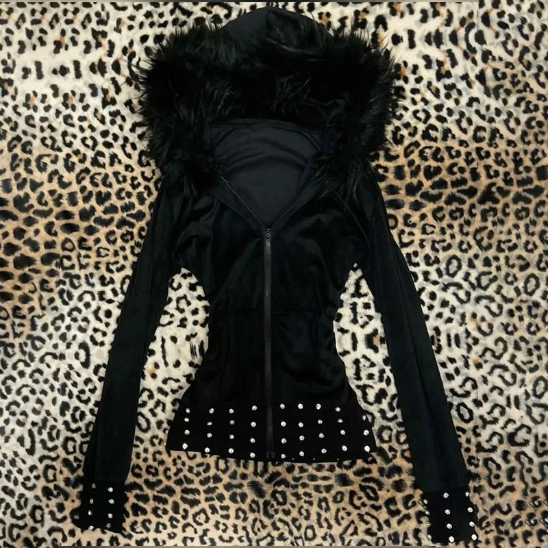 Goth Aesthetic Women Hoodie Harajuku Retro Y2K Emo Girl Fur Collar Cardigan Sweatshirt Rock Punk Hip Hop Casual Loose Streetw