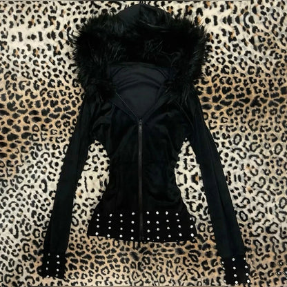 Goth Aesthetic Women Hoodie Harajuku Retro Y2K Emo Girl Fur Collar Cardigan Sweatshirt Rock Punk Hip Hop Casual Loose Streetw