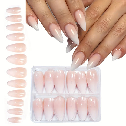 96pcs Almond Shaped Press on Nails, Medium Length, Glossy Finish, Pink & White Gradient, French Stripe Design, Fashionable & 