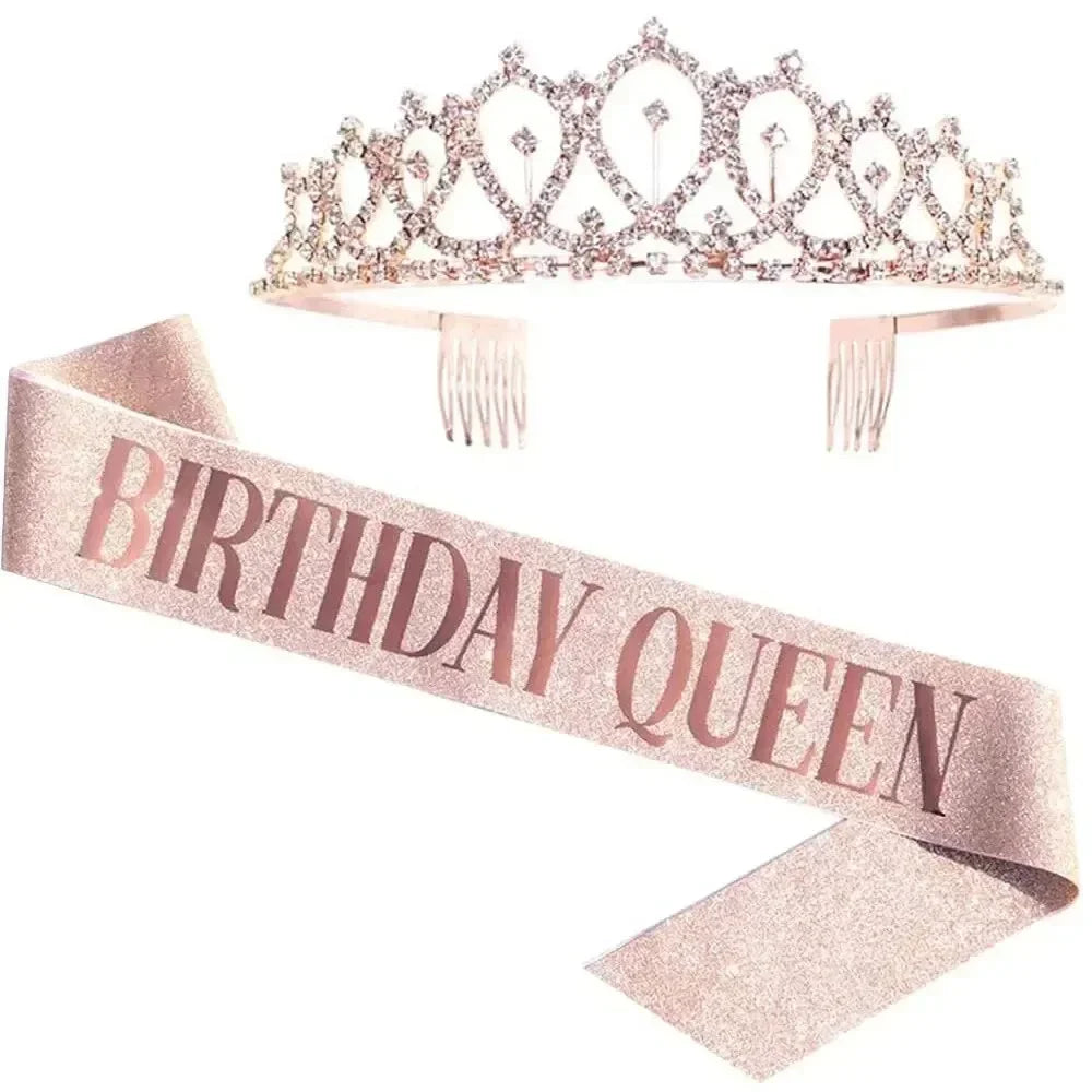 Bling Rhinestone Crystal Crown Tiara Birthday Anniversary Decoration Happy 18 21 30 40 50th Birthday Satin Sash Party Supplie