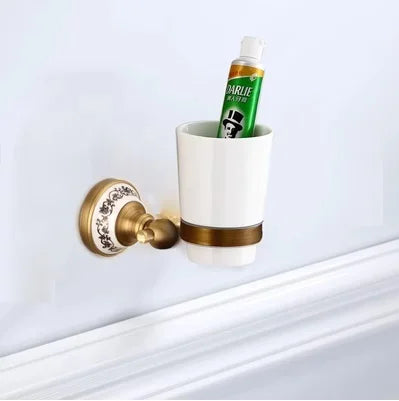 Antique Brushed Solid Brass Bathroom Accessories Sets European Porcelain Bathroom Hardware Sets Ceramic Retro Bathroom Produc