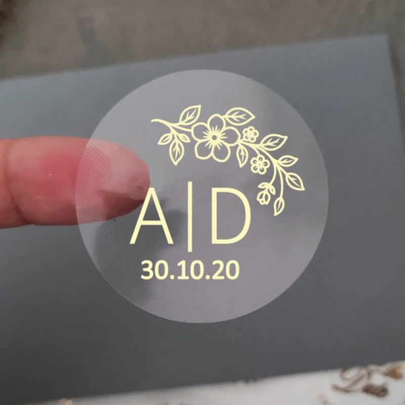 50 X Foiled Wedding Monogram Initials Stickers, Personalised Wedding Favour Labels, Custom Shiny Foil Gold Transparent - 118 