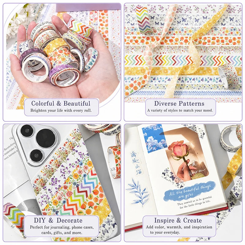 Washi Tape Set, 3/21 Rolls, Assorted Sizes, Floral 3m/Roll Washi Tape for Scrapbook, Arts, Crafts, Journals Planners Decorati