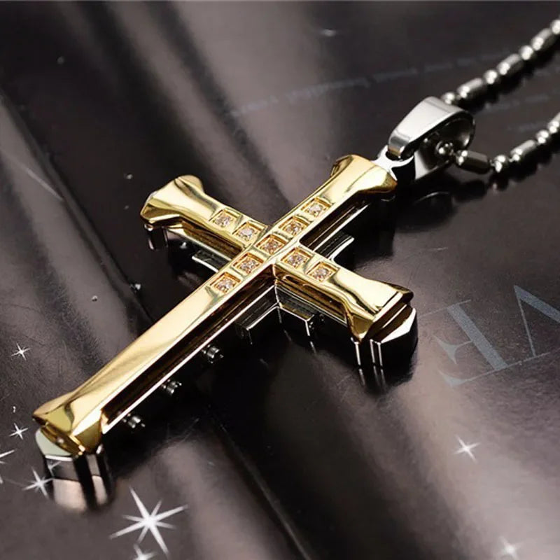 2024 New Male Crystal Cross Jesus Pendant Gold/Black/Blue Color Zirconia Cross Pendant Necklace Stainless Steel Jewelry - Gol