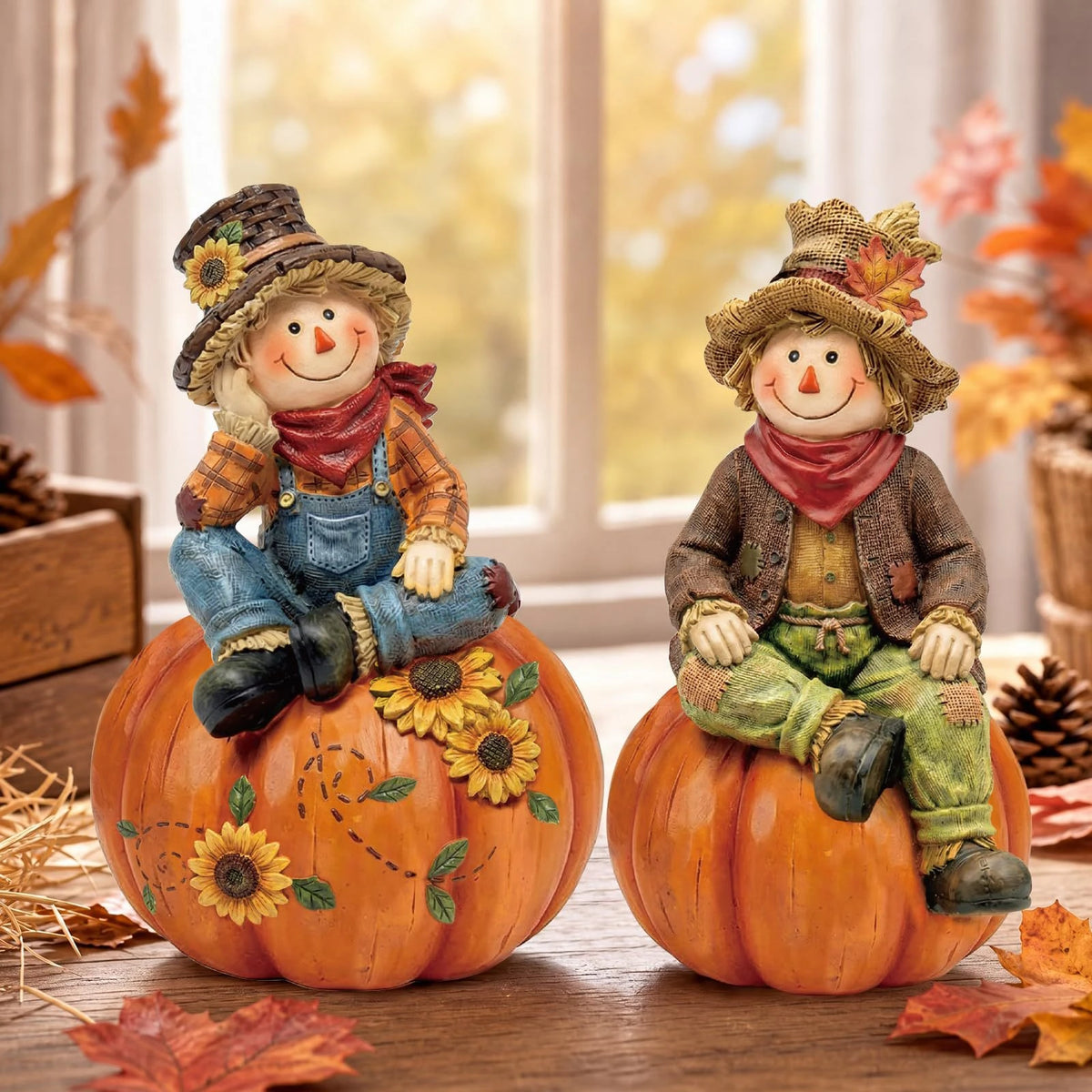 2-Piece/Set Autumn Scarecrow Wooden Ornaments, Wooden Thanksgiving Table Decorations, Vintage Autumn Standee Table Decoration