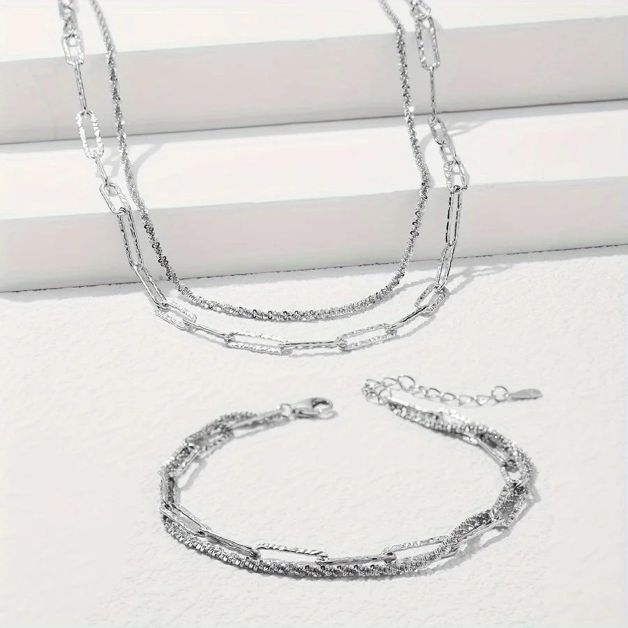 2pcs Charms 925 Sterling Silver Necklace Bracelet set for women men Paperclip Chain fine Design Match Daily Party wedding par