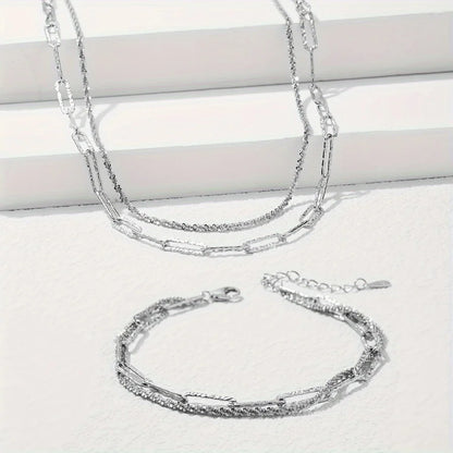 2pcs Charms 925 Sterling Silver Necklace Bracelet set for women men Paperclip Chain fine Design Match Daily Party wedding par