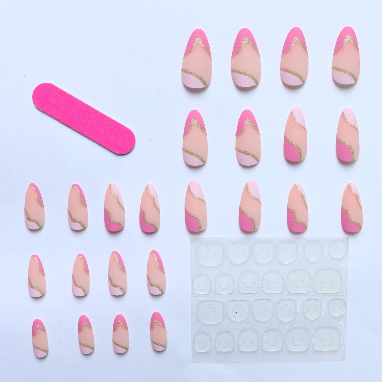 24PCS/ Almond Fake Nails Instantly Upgrade Your Look, Pink and White Set Off by Gold Lines, Simple and Generous, Suitable for