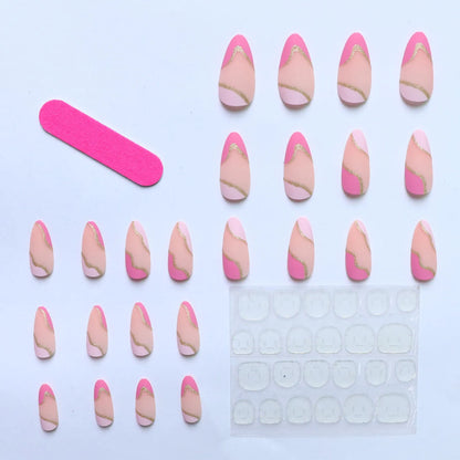24PCS/ Almond Fake Nails Instantly Upgrade Your Look, Pink and White Set Off by Gold Lines, Simple and Generous, Suitable for
