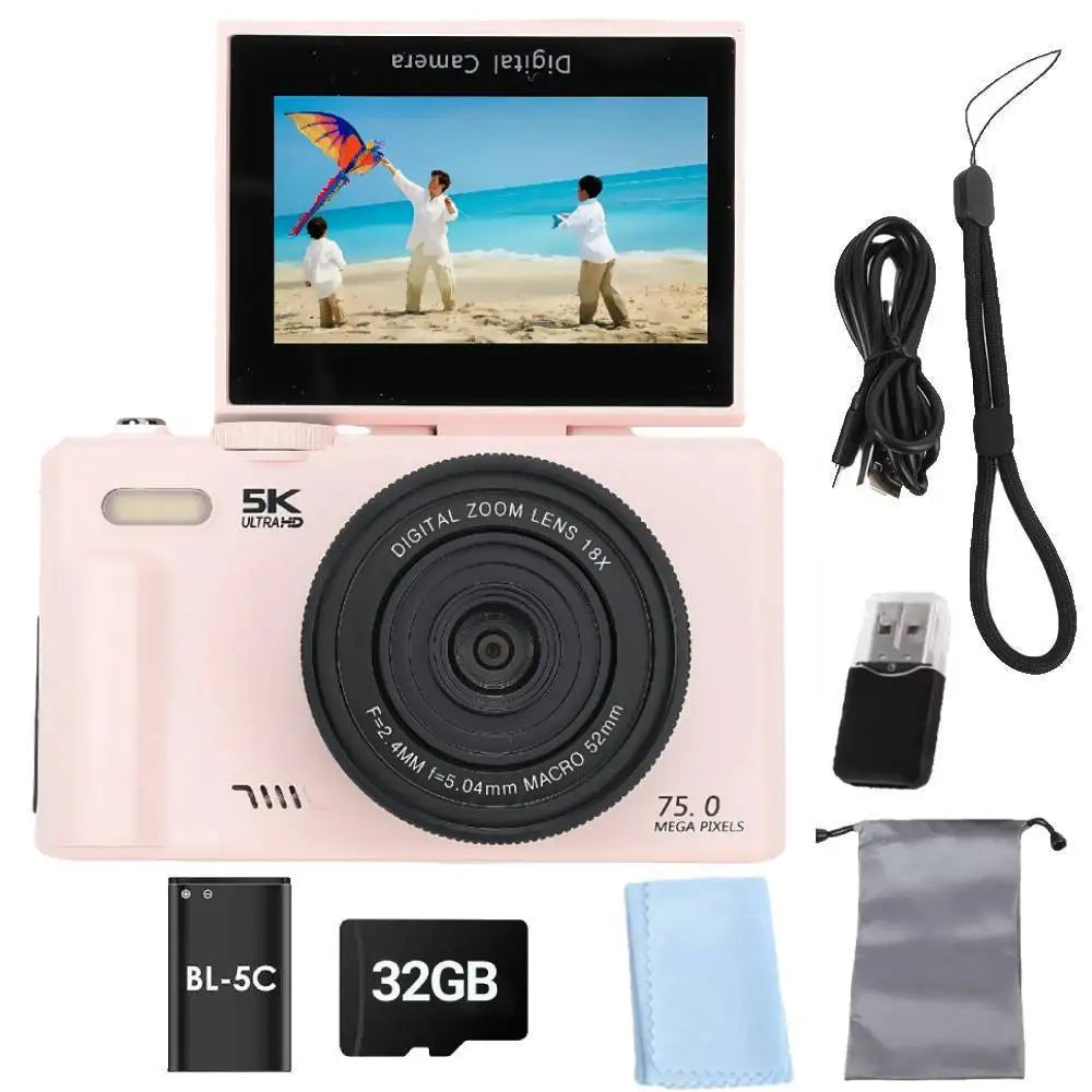 75MP Digital Camera for Photography 5K 18X Digital Zoom Vintage Vlog Video Recorder For YouTube 180° Flip Screen Selfile WiFi
