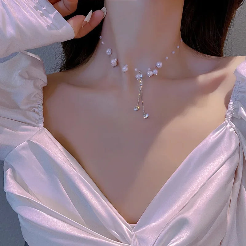 Korean Fashion Sweet Heart Shaped Necklace For Women Crystal Zircon Pendant Clavicle Chain Elegant Romantic Party Gift Jewelr