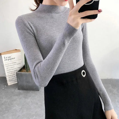 Autumn Winter Mock Neck Women Sweater Vintage Basic Solid Knitted Korean Tops Casual Slim Pullover Sweaters Simple Chic Jumpe