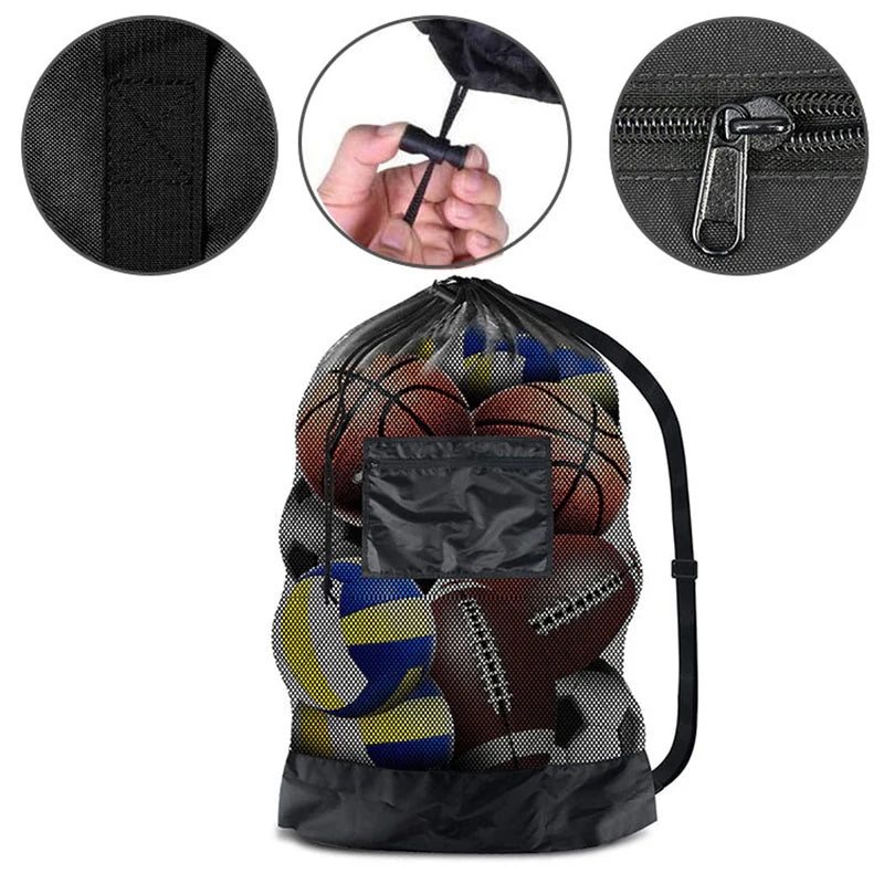 Soccer Ball Bag Large Mesh Drawstring Sports Storage Sack with Zipper Pocket for Basketball Volleyball Football Training Gear