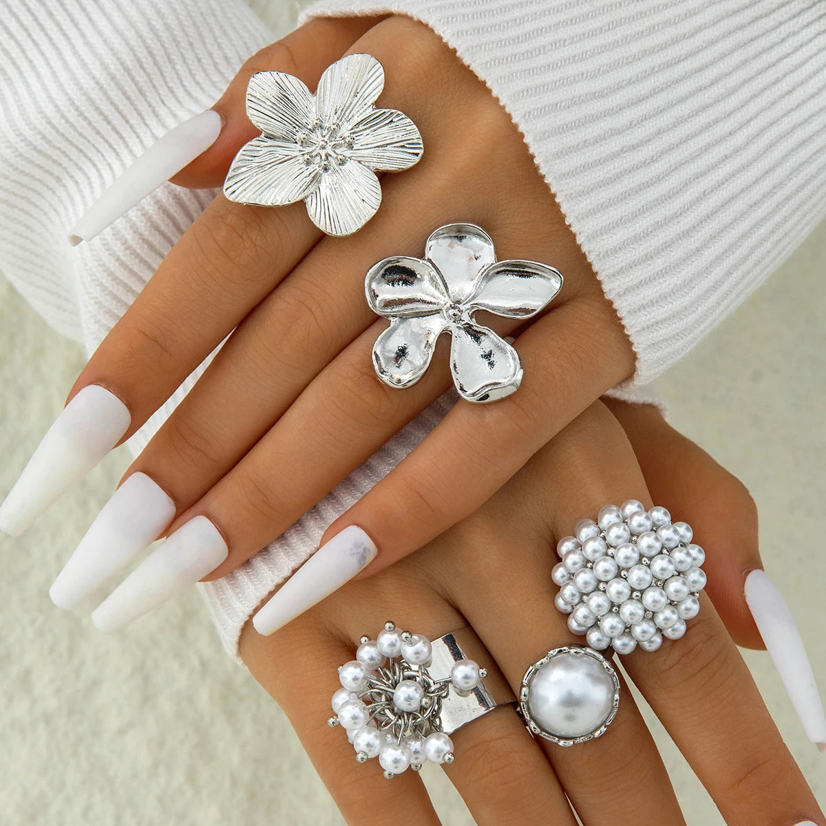 Tocona 2024 New Fashion Luxury Imitation Pearl Open Ring Sets for Women Elegant Gold Color Ring Party Jewelry Accessories - 2